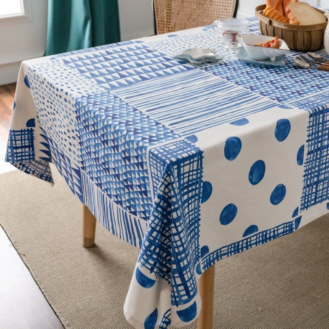 Mantel Moderno de Algodón y Lino Azul Patchwork Geométrico Rectangular Resistente al Polvo Cubierta de Mesa Decorativa Cocina