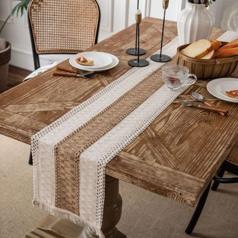 Chemin de Table Tissé Bohémien Jute Coton Épissé Style Campagne Avec Glands Décoration de Table Rectangulaire Rustique Maison