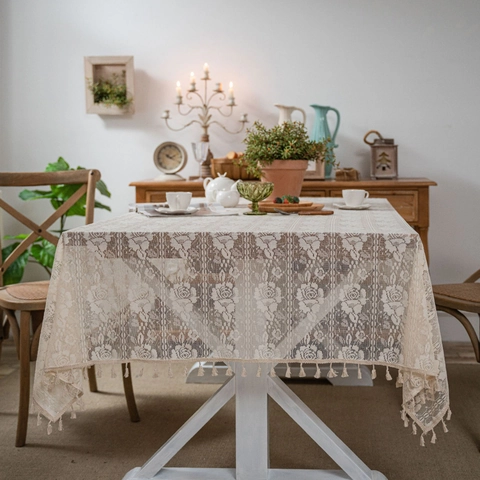 Pastoral Rose Crochet Lace Tablecloth Rectangular Hollow Out Table Cover With Tassels For Dining Room Wedding Party Home Decor