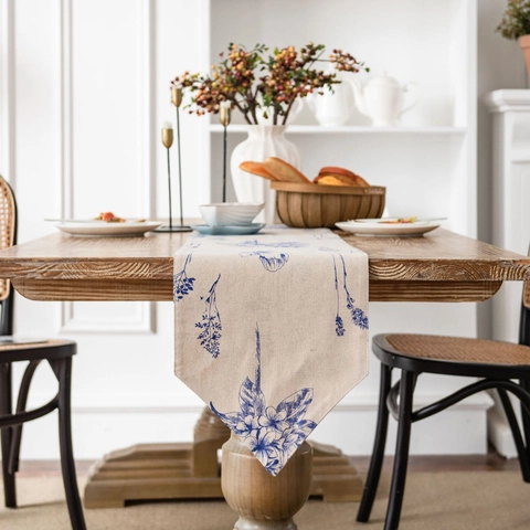Chemin de Table en Mélange Coton Lin Style Japonais Impression Florale Bleue Vintage Bord à Franges pour Décoration Maison