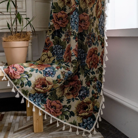 Vintage Floral Jacquard Curtain With Tassel Trim American Country Style Semi Blackout Window Treatment Cafe Curtain For Kitchen