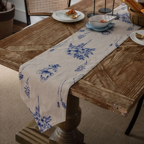 Chemin de Table en Mélange Coton Lin Style Japonais Impression Florale Bleue Vintage Bord à Franges pour Décoration Maison