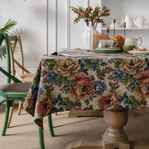 Amerikanische Vintage Jacquard Blumen Tischdecke Polyester Baumwollmischung Dicke Tischdecke Für Esszimmer Dekoration