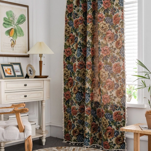 Vintage Floral Jacquard Curtain With Tassel Trim American Country Style Semi Blackout Window Treatment Cafe Curtain For Kitchen