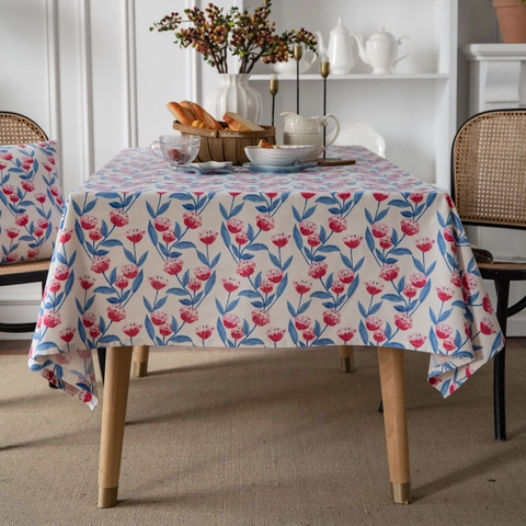 Nappe Pastorale en Coton et Lin Florale Rectangulaire Imprimée Fleurs Roses Couvre-Table pour Salle à Manger Cuisine Décoration Maison