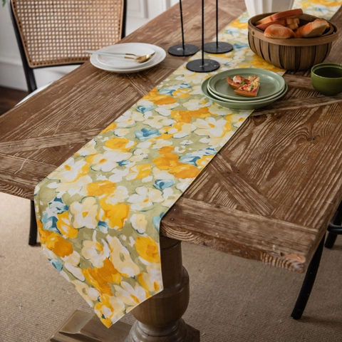 Pastoral Floral Print Table Runner Cotton Linen Yellow Flower Decorative Tablecloth For Dining Room Living Room Home Decor