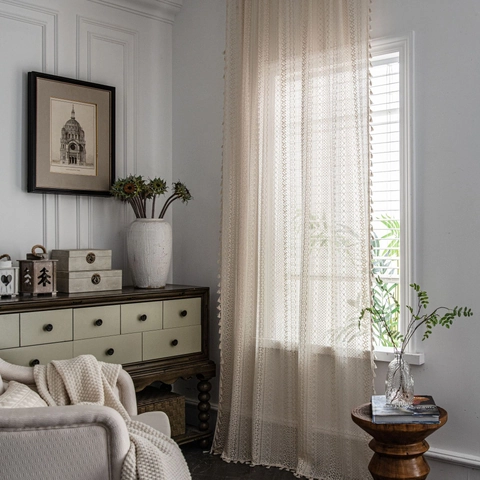 American Country Crochet Lace Curtains Cotton Hollow Out Floral Window Treatment With Tassels For Living Room Bedroom