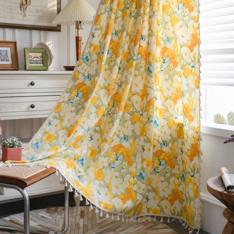 Pastoral Style Floral Cotton Window Curtain With Tassels American Retro Semi Blackout Yellow Flower Print Door Curtain