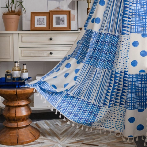 Cortina de Algodón Estampada con Patchwork Geométrico Azul Bohemio con Flecos para Cocina Dormitorio Sala de Estar Decoración de Ventana