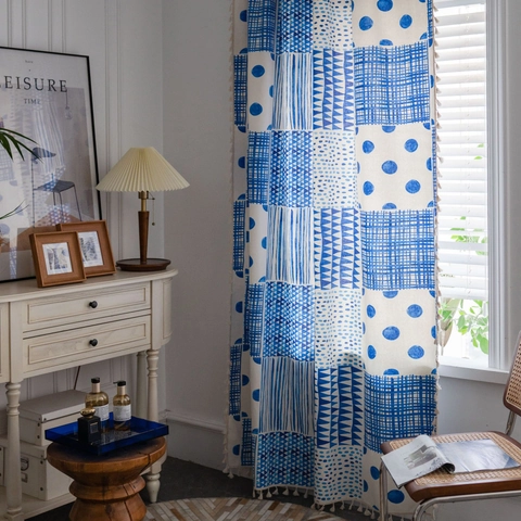Cortina de Algodón Estampada con Patchwork Geométrico Azul Bohemio con Flecos para Cocina Dormitorio Sala de Estar Decoración de Ventana
