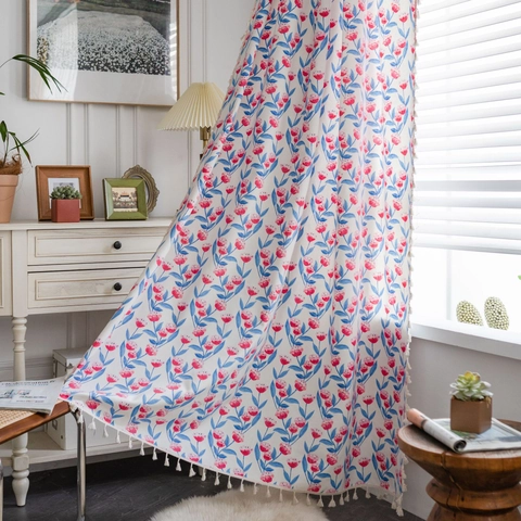 Bohemian Floral Print Cotton Linen Curtains With Tassels Pastoral Style Rod Pocket Grommet Semi Shading Window Decor For Kitchen Bedroom