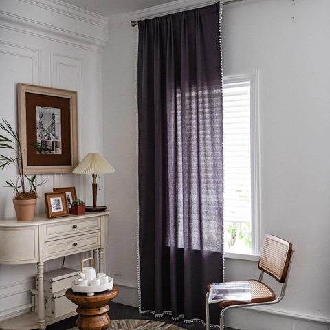 Solid Color Cotton Pom-Pom Curtain For Small Window Kitchen Semi Blackout Korean Pastoral Style Rod Pocket Hook Grommet