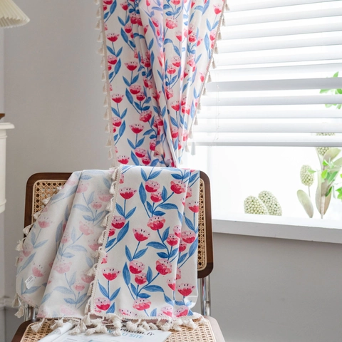 Bohemian Floral Print Cotton Linen Curtains With Tassels Pastoral Style Rod Pocket Grommet Semi Shading Window Decor For Kitchen Bedroom