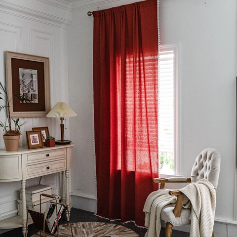 Solid Color Cotton Pom-Pom Curtain For Small Window Kitchen Semi Blackout Korean Pastoral Style Rod Pocket Hook Grommet