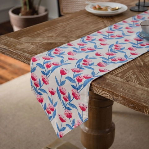 Chemin de Table en Coton Lin Avec Imprimé Floral Tulipes Chemin de Table Décoratif Sets de Table Taie d'Oreiller Décoration de Table