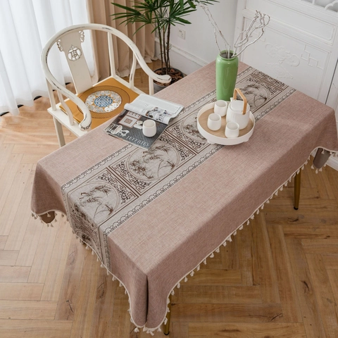 New Chinese Style Polyester Tablecloth With Tassels Bamboo Landscape Print Rectangular Washable Dustproof Decorative Table Cover For Dining Room Kitchen
