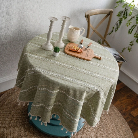 Nappe Ronde en Coton à Broderies et Franges Housse Décorative pour Table à Manger Style Vintage Américain Lavable