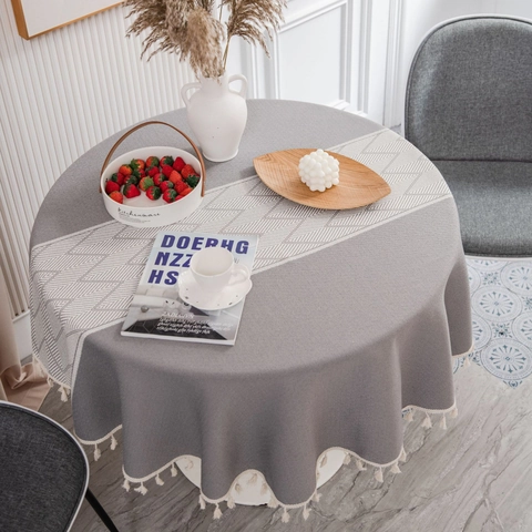 Mantel Redondo de Algodón con Jacquard Geométrico y Flecos de Borlas para Cocina Cafetería Decoración del Hogar Antipolvo