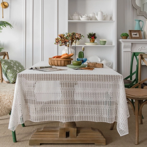 Tovaglia in Pizzo Bianco Vintage Francese Rettangolare Traforata Jacquard Copritavolo Tessuto Decorativo per Tavolo da Pranzo