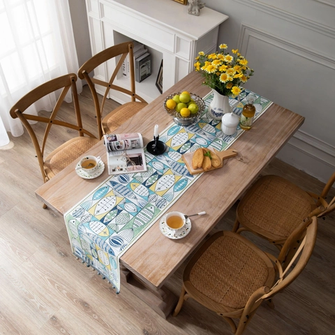 Jacquard Table Runner With Tassels And Beads Fish Leaf Pattern American Style Fabric Tablecloth For Dining Home Wedding Decor