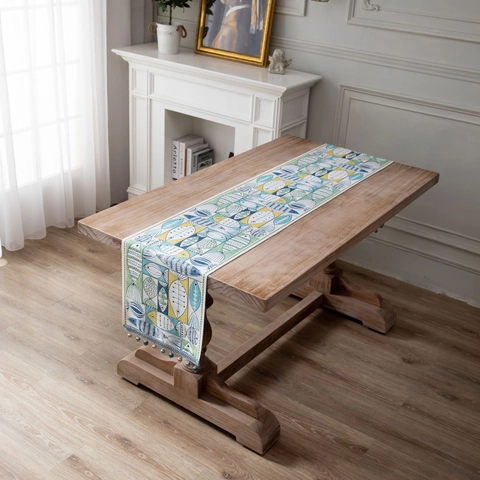 Chenille Fish Pattern Table Runner With Tassels Modern Minimalist Green Polyester Decorative Tablecloth For Home Dining Decor