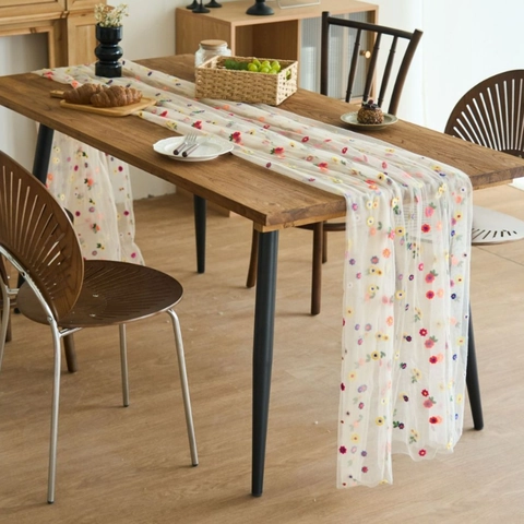 French Retro Floral Embroidery Mesh Table Runner Lace Tulle Colorful Flower Dining Table Decoration For Wedding Banquet Party