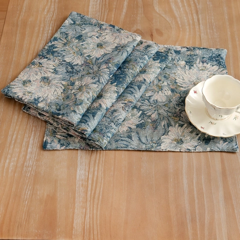 Vintage Blue Floral Jacquard Placemat Cotton Linen Blend Double Layer Heat Resistant Rectangular Dining Table Mat Kitchen Decor