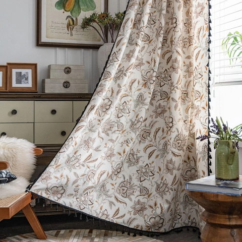 Vintage Camellia Flower Print Cotton Linen Curtain With Black Tassel Balls American Country Style Semi Shading Window Drapes