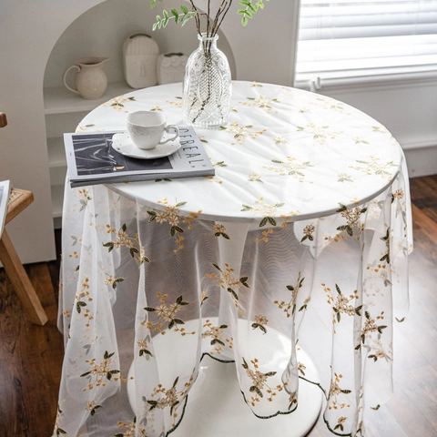 Floral Embroidery Lace Tablecloth White Translucent Mesh Table Cover French Pastoral Style Dustproof Home Decor