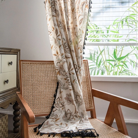 Vintage Camellia Flower Print Cotton Linen Curtain With Black Tassel Balls American Country Style Semi Shading Window Drapes