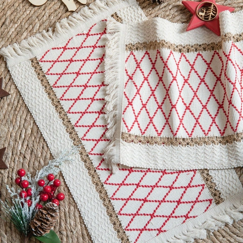 Bohemian Cotton Linen Woven Placemats With Tassels Geometric Diamond Embroidered Christmas Table Mat For Dining Room Kitchen Decor