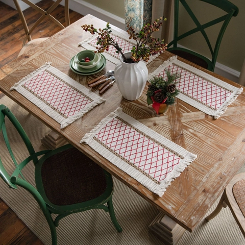 Bohemian Cotton Linen Woven Placemats With Tassels Geometric Diamond Embroidered Christmas Table Mat For Dining Room Kitchen Decor