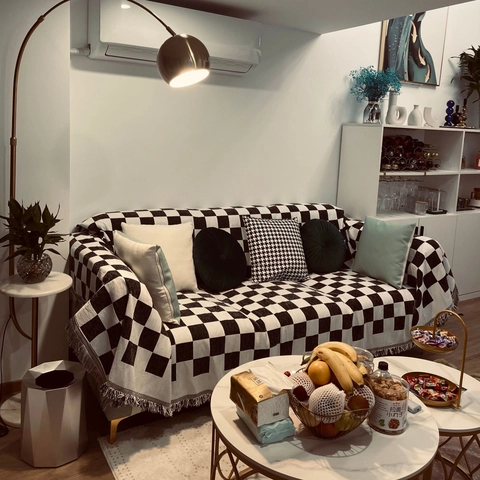 Modern Minimalistisch Schachbrett Polyester Sofabezug Mit Quaste Dick Gewebt Multifunktional Staubdicht Home Decor Wohndecke Tischdecke