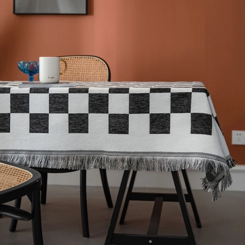 Modern Minimalistisch Schachbrett Polyester Sofabezug Mit Quaste Dick Gewebt Multifunktional Staubdicht Home Decor Wohndecke Tischdecke