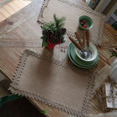 Vintage Jute Place Mat With Lace Trim Woven Tassel Burlap Table Mat For Dining Room Kitchen Decor Rustic Bohemian Tableware Pad
