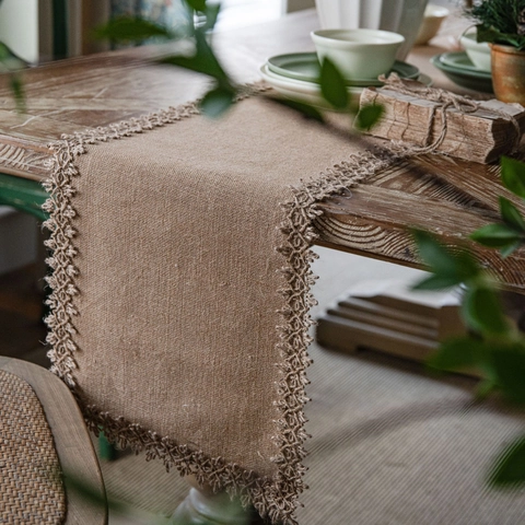 Natural Jute Table Runner With Lace Tassels For Farmhouse Wedding Party Home Decor Vintage Burlap Woven Table Runners