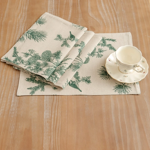 Set de Table Vintage en Coton et Lin Imprimé Botanique Pomme de Pin Double Couche Tapis de Table Résistant à la Chaleur