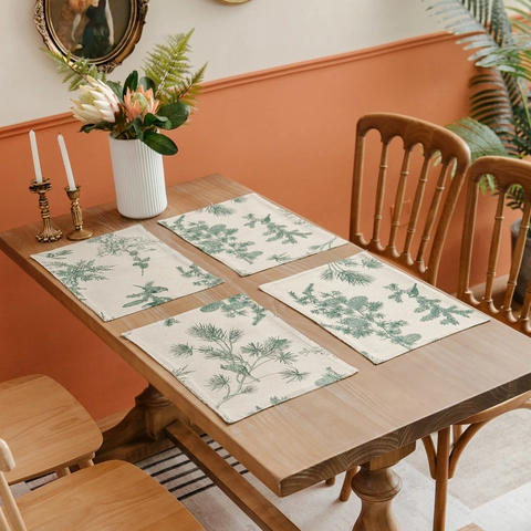 Set de Table Vintage en Coton et Lin Imprimé Botanique Pomme de Pin Double Couche Tapis de Table Résistant à la Chaleur