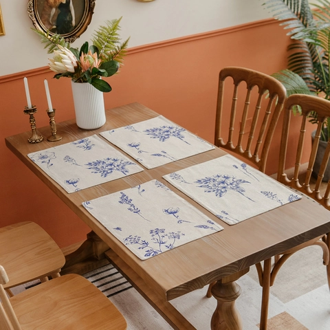 Vintage Cotton Linen Floral Print Placemats Bee Flower Pattern Double Layer Heat Resistant Table Mats For Kitchen Dining