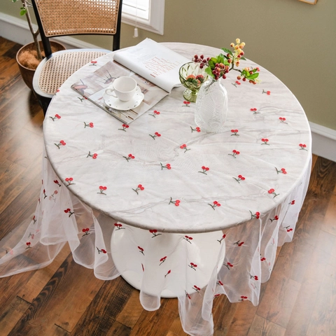 Pastoral Style Embroidered Cherry Heart Lace Tablecloth Polyester Floral Pattern Mesh Table Cover For Home Photography Decor