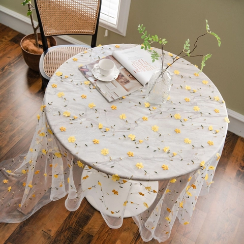 Pastoral Floral Embroidery Mesh Tablecloth Elegant Lace Transparent Table Cover For Home Wedding Dining Party Decoration