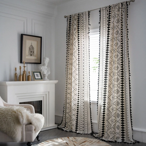 Bohemian Geometric Cotton Linen Curtains With Tassels Tribal Print Window Treatment For Living Room Kitchen Home Decor