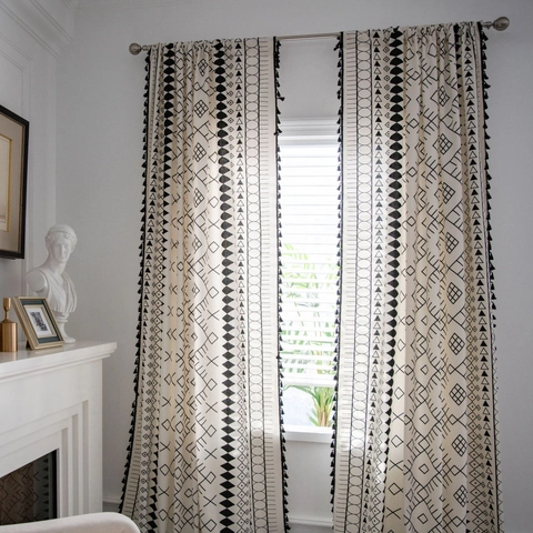Bohemian Geometric Cotton Linen Curtains With Tassels Tribal Print Window Treatment For Living Room Kitchen Home Decor