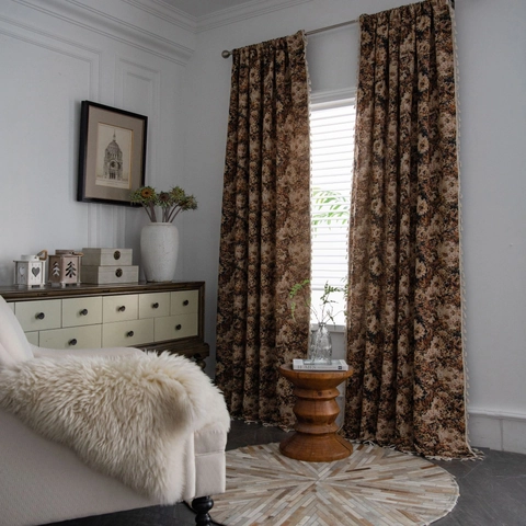 American Country Vintage Floral Jacquard Curtains Tassel Trim Cotton Polyester Semi Shading Window Drapes For Living Room Bedroom