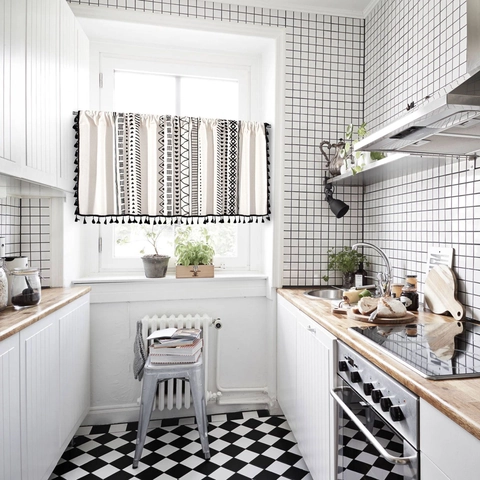 Tenda Corta da Cucina con Stampa Geometrica Bohémien con Nappine Tenda da Porta a Metà in Cotone e Lino per Mobile Lavabo