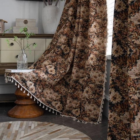 American Country Vintage Floral Jacquard Curtains Tassel Trim Cotton Polyester Semi Shading Window Drapes For Living Room Bedroom