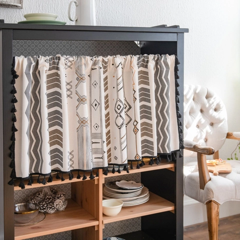 Rideau de Porte Bohémien en Coton Lin Avec Glands Noirs Cantonnière de Fenêtre Courte Imprimé Géométrique pour Cuisine Café Meuble