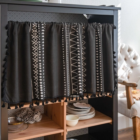 Tenda per Porta in Cotone e Lino Stampa Geometrica Boho Con Nappe Tenda da Caffè Semi Oscurante per Armadietto da Cucina Casa