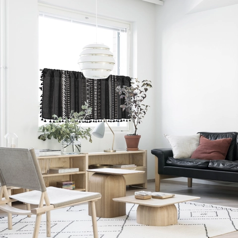 Tenda per Porta in Cotone e Lino Stampa Geometrica Boho Con Nappe Tenda da Caffè Semi Oscurante per Armadietto da Cucina Casa