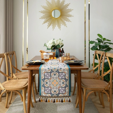 Vintage Jacquard Table Runner With Tassels Bohemian Mandala Geometric Pattern For Dining Table Coffee Table Home Decor
